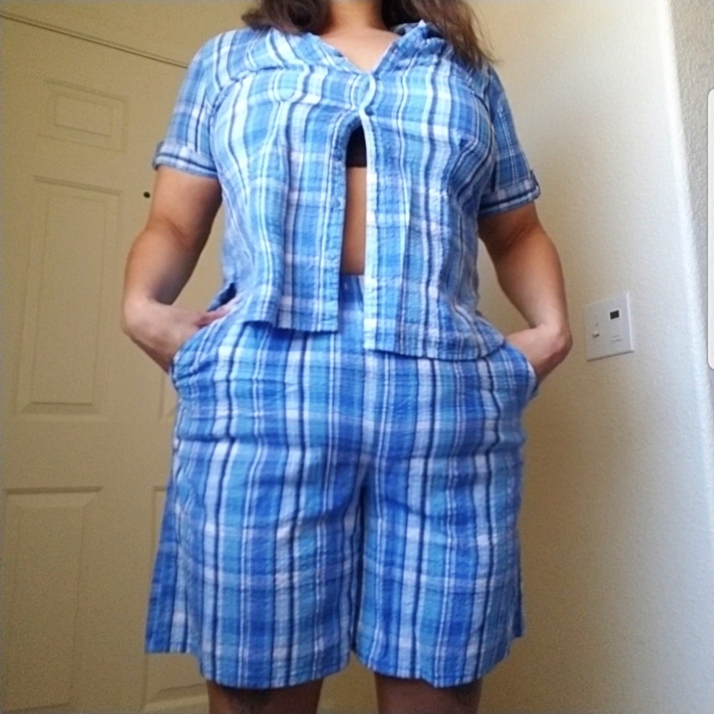 Vintage baby blue plaid two piece set
